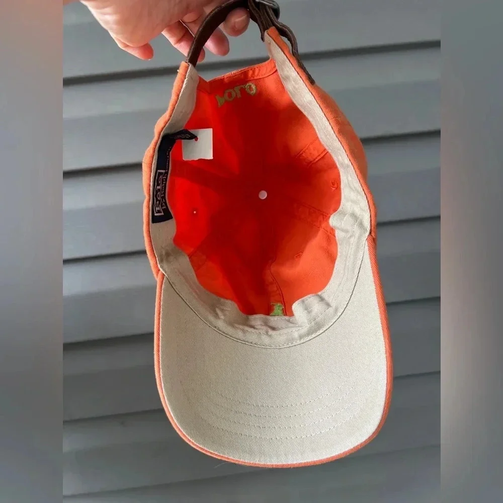 NWT- Vintage Polo Ralph Lauren Strapback Hat Cap Adjustable Orange Green Pony - Picture 7 of 10